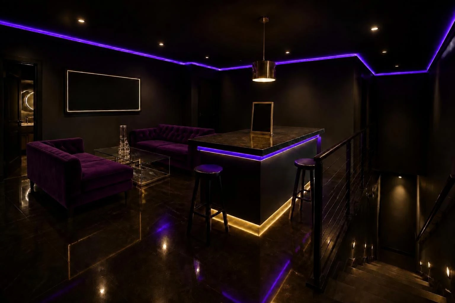 A dark purple and gold neon Back Room lounge. Purple couches and a glass table sit on the left, a lit island bar with two stools in the center, stairs going down on the right, and a small bathroom doorway on the far left.