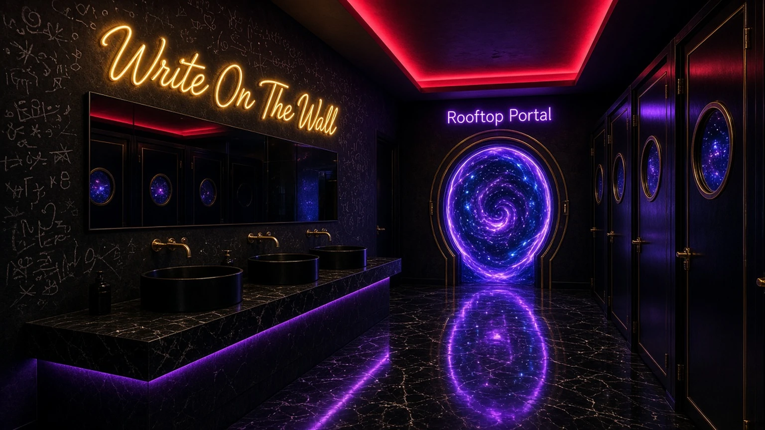A dark cosmic club bathroom. A long mirror over three black basins on the left, under a gold neon sign that says Write On The Wall. At the end of the hall a glowing purple swirl portal stands in a gold arch, under a purple neon sign that says Rooftop Portal. Stall doors with porthole windows onto space line the right.