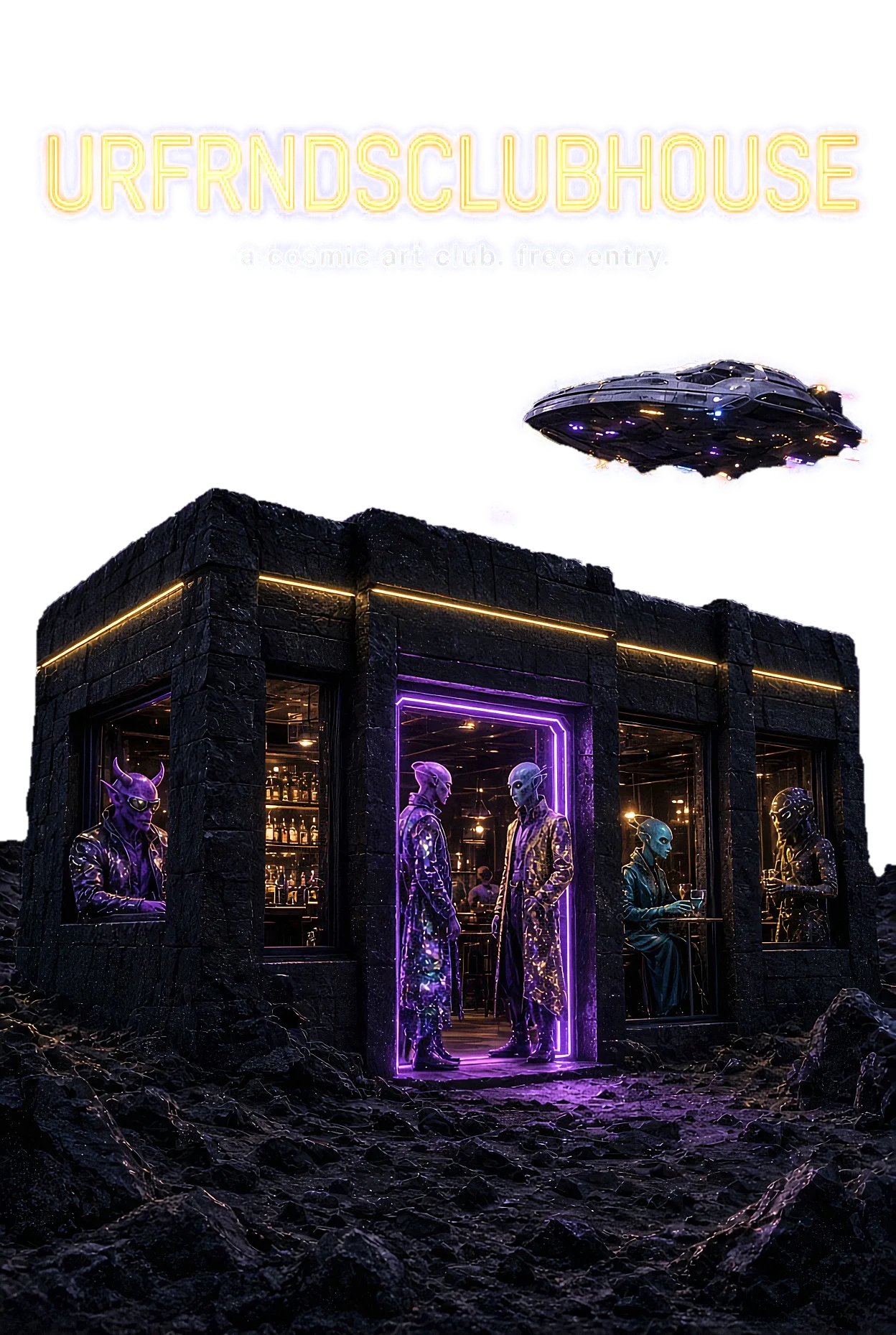 A dark stone nightclub on a rocky planet under a purple starry sky. A gold neon sign reads URFRNDSCLUBHOUSE, a cosmic art club, free entry. A glowing purple doorway in the middle, a UFO hovering nearby.
