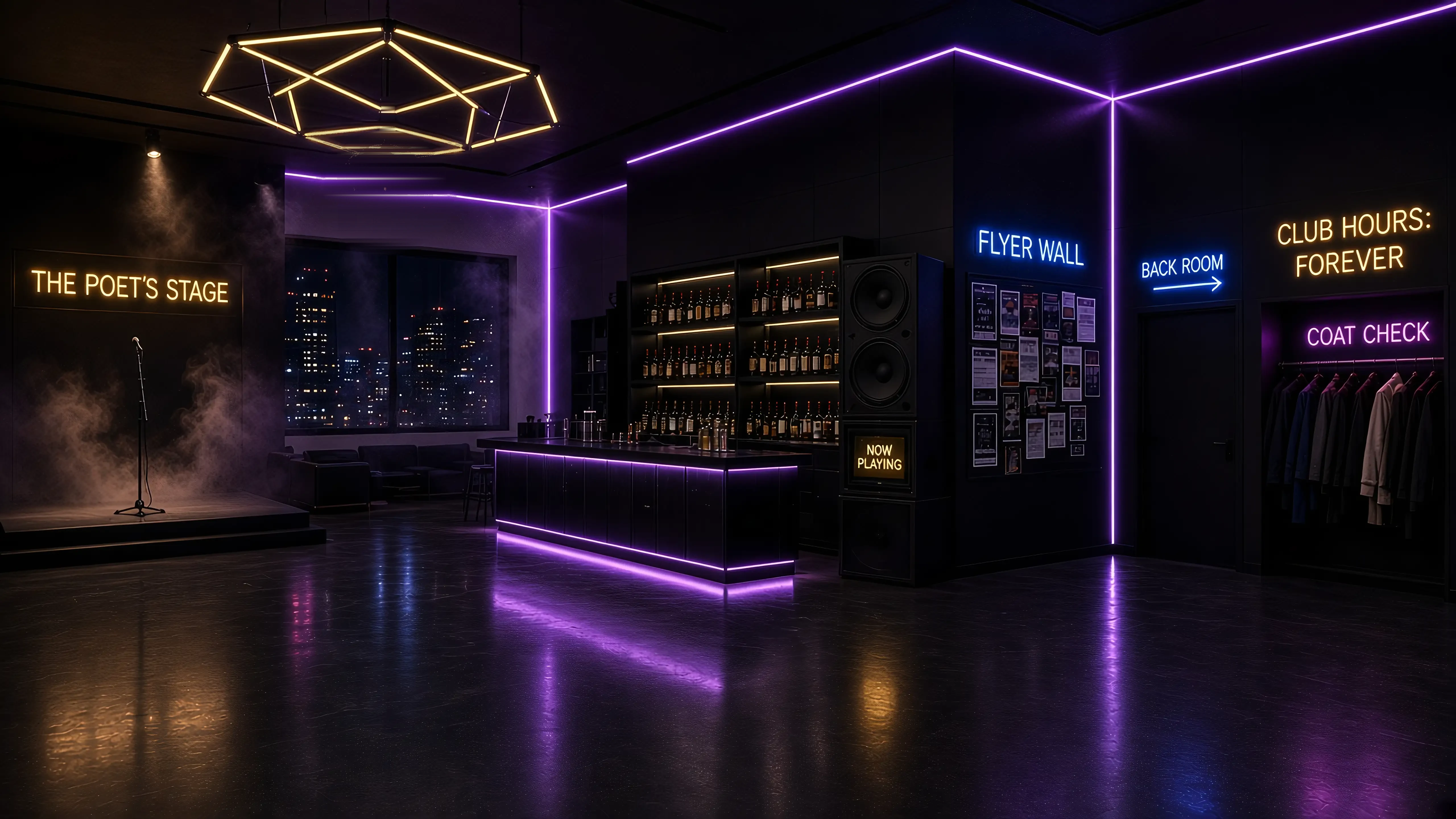 The main floor lounge. Gold neon reads The Poet's Stage. One disco ball hangs beside a tall window onto a deep purple nebula sky. Blue neon reads Flyer Wall and Back Room. A speaker reads Now Playing. Gold neon reads Club Hours Forever. Pink neon reads Coat Check.