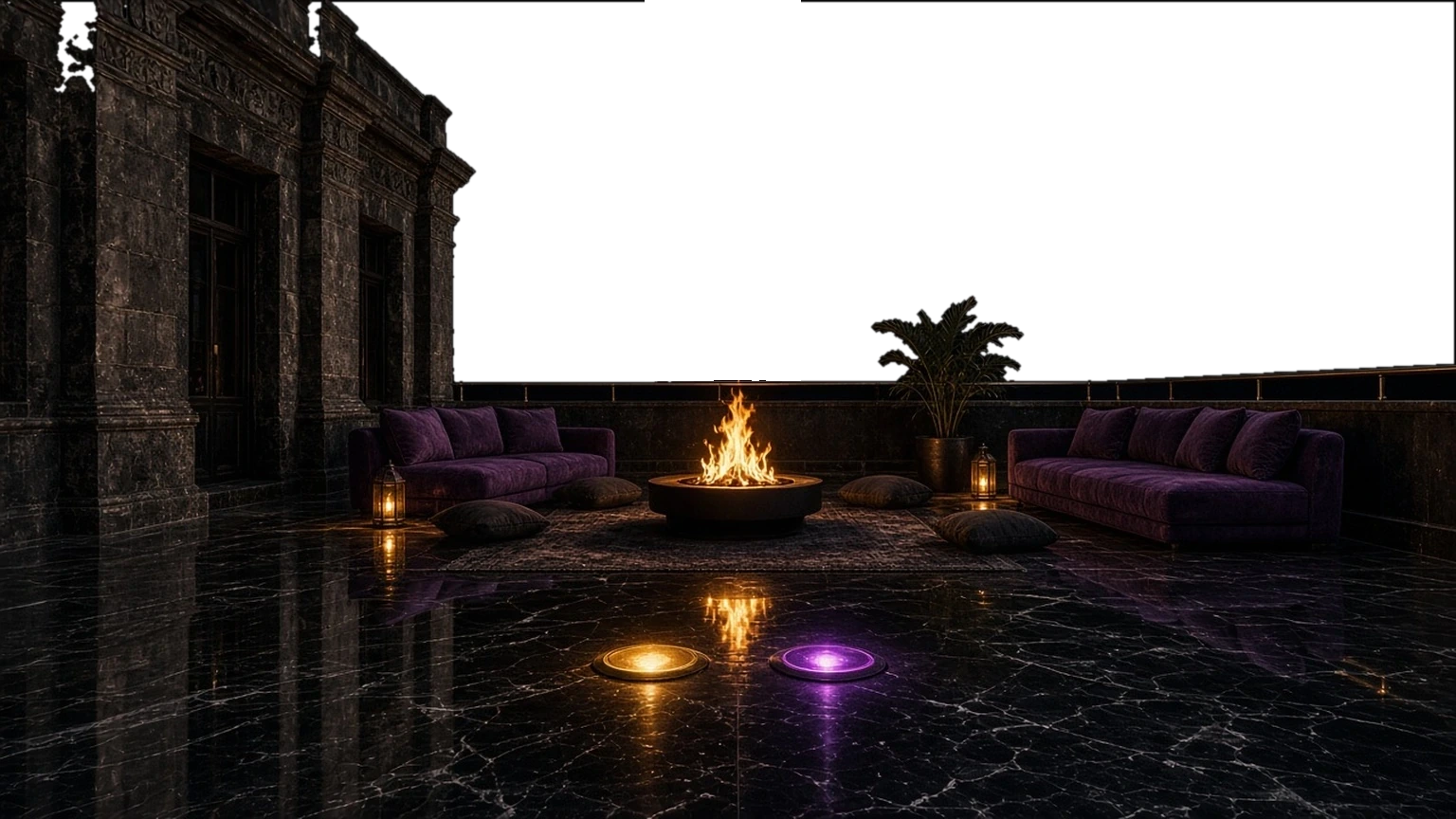 Standing on the club's roof deck at night under a deep purple nebula full of stars that runs all the way down to the parapet rail. A tall building rises on the left. A low lounge of purple sofas sits around a fire table with lanterns on a glossy black marble floor full of reflections, and two small round disc lights are set flush into the floor in front of you, one gold and one purple, with words engraved in the marble in front of each
