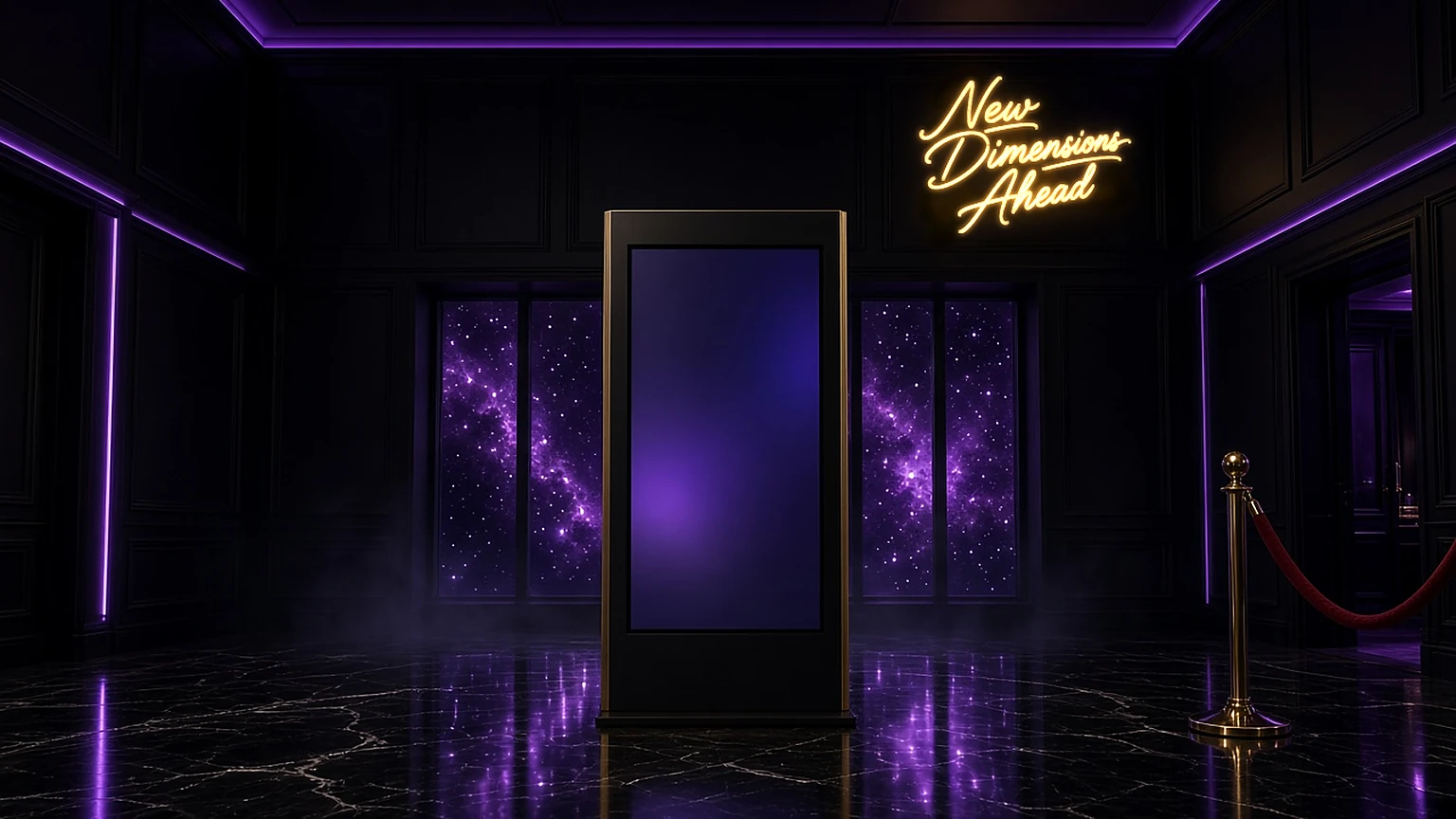 A dark lobby with black panel walls and purple LED cove lights. A tall black and brass display stands in the middle between windows onto a purple nebula. Gold neon on the wall reads New Dimensions Ahead. On the right a red velvet rope on a brass post stands before a purple-lit doorway. The floor is glossy black marble.